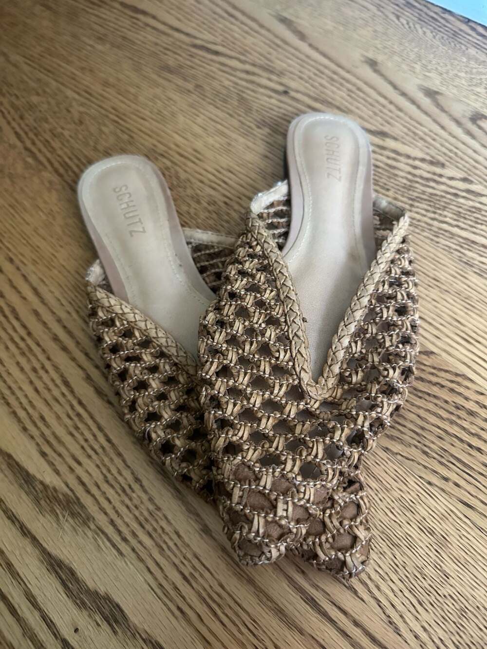 Schutz Woven Pointed Toe Flat Mules Size 7.5B Brown Leather Slip On Shoes - Picture 2 of 5